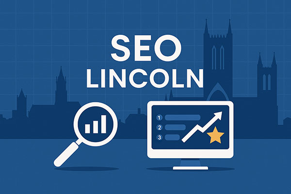Digital illustration with the text ‘SEO Lincoln’ featuring a magnifying glass with a bar chart, a computer screen showing a ranking chart, and Lincoln’s skyline in the background.