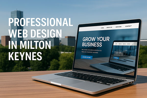 Professional web design in Milton Keynes – laptop showing modern website with skyline in background