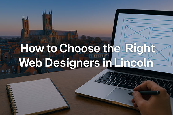 A laptop showing a website wireframe sits on a desk with a hand using a stylus, overlooking Lincoln Cathedral at sunset. Text overlay reads: 'How to Choose the Right Web Designers in Lincoln'.
