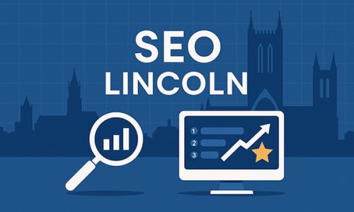 Digital illustration with the text ‘SEO Lincoln’ featuring a magnifying glass with a bar chart, a computer screen showing a ranking chart, and Lincoln’s skyline in the background.