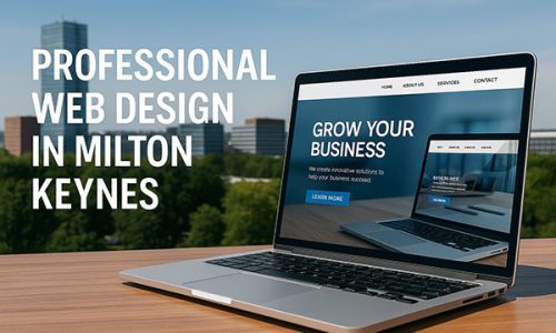 Professional web design in Milton Keynes – laptop showing modern website with skyline in background
